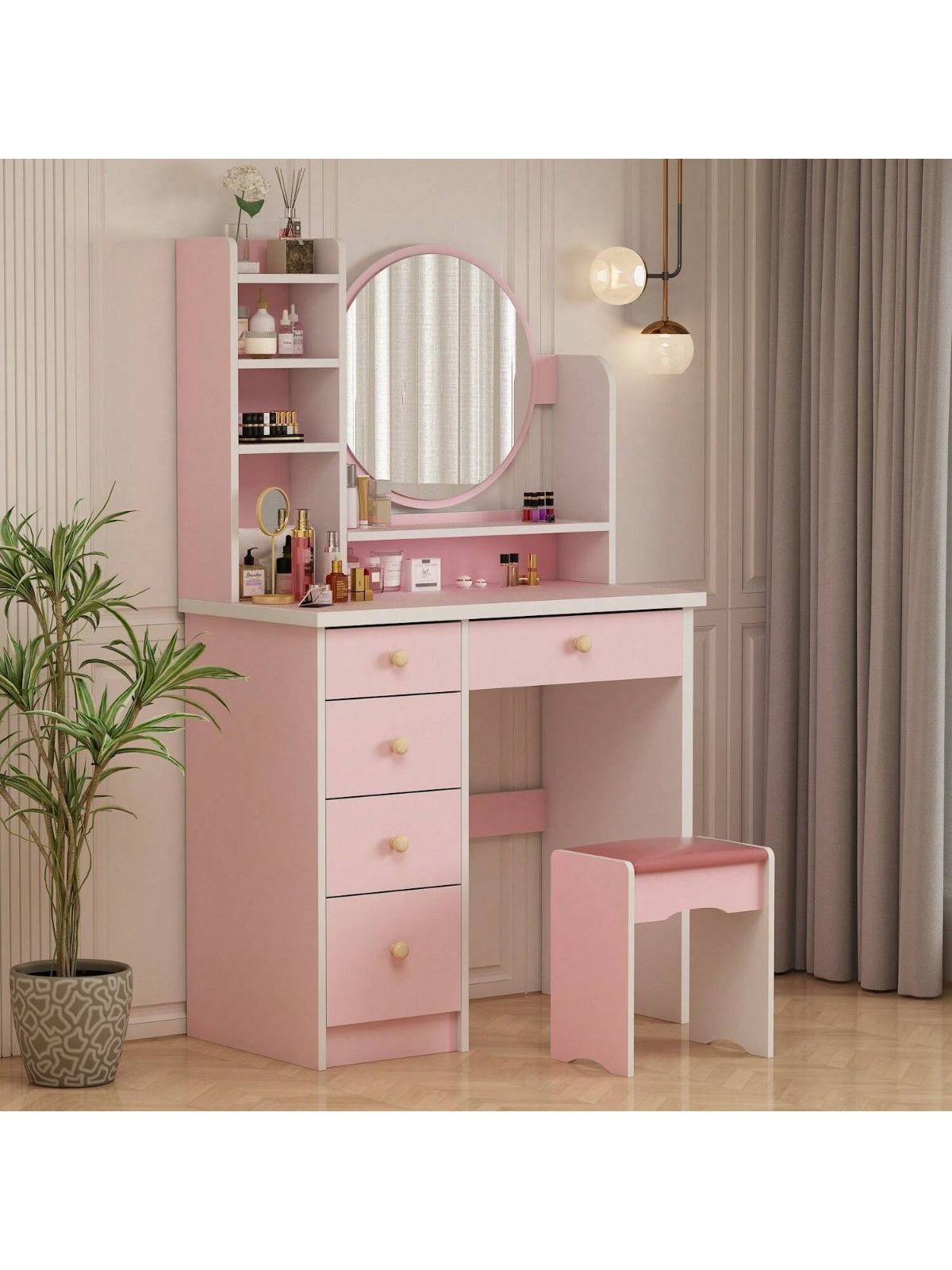 ドレッシングテーブルセット バニティデスク ラージドレッシングテーブル 収納引き出し4つ付き バニティミラー パッド入りスツール ベ 化粧台、3色のタッチスクリーン調整可能な明るさミラー付きバニティデスク、2つの収納引き出し付きドレッシングテーブルセット、クッション メイクアップ バニティデスクLEDライト付きミラー、3色の調節可能なタッチライト付きドレッシングテーブル、引き出しとクッション ...