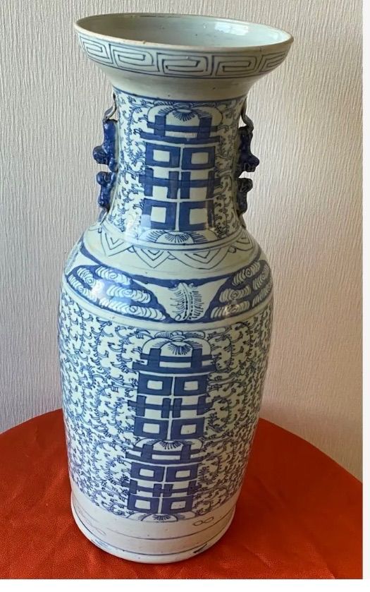 アンティーク骨董品、青花 染付 唐子長壽者双耳 活環 花瓶中国古美術