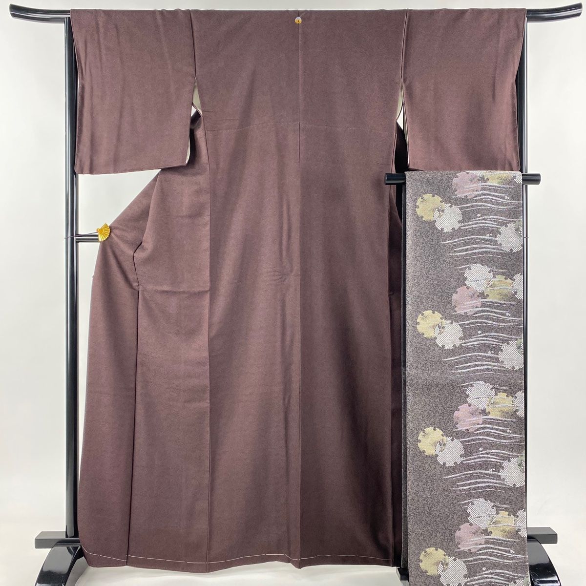 色無地 身丈165.5cm 裄丈65cm M 袷 袋帯セット 落款 地紋 茶紫 正絹 秀品 一つ紋