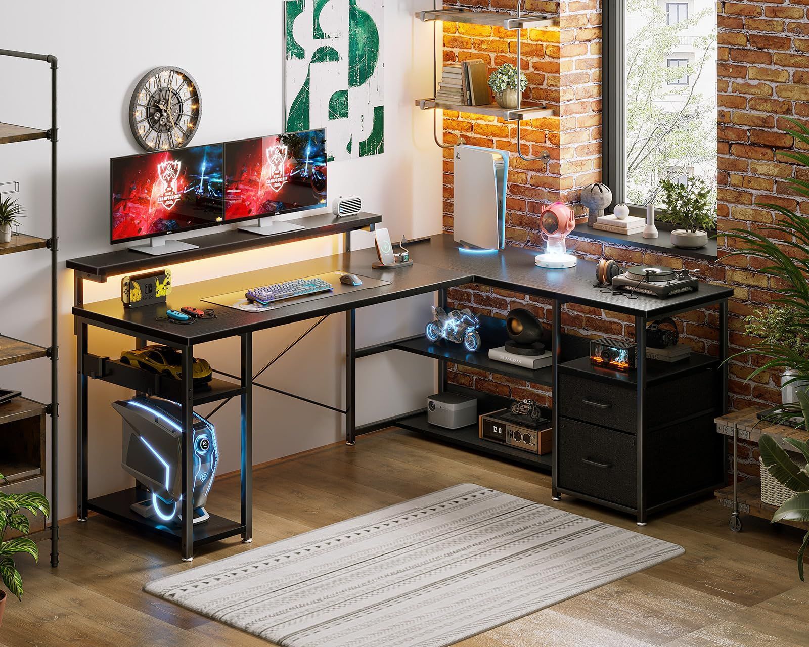 L字デスク ゲーミングデスク 棚 ポケット フック モニター台 白 dowinx