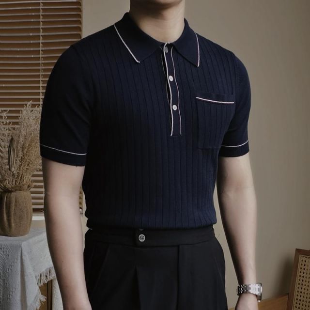 メンズ ファッション 服 男性用 オシャレ シンプル 大人 かっこいい 大きいサイズ ストリート 紳士服 夏 コントラスト カジュアル ストライプ スリム ニット ポロシャツ テンセル ネイビー 半袖 T シャツ