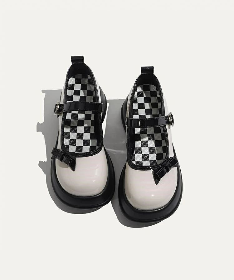 【セール】ストラップ パンプス 太ヒール 厚底 PUレザーメリージェーン靴 リボン 黒白 可愛い きれいめ 厚底靴 レディース 学生 卒業 発表会 女性用 個別調節