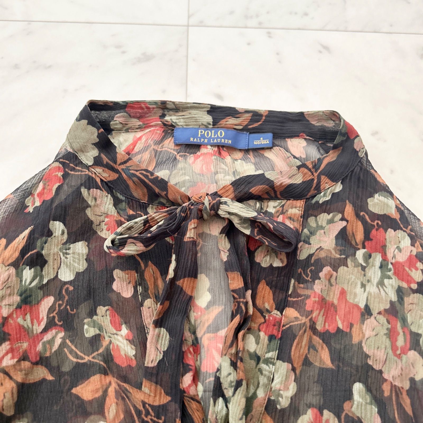 美品 ラルフローレン シルク 花柄ボウタイブラウス 4 黒ベース