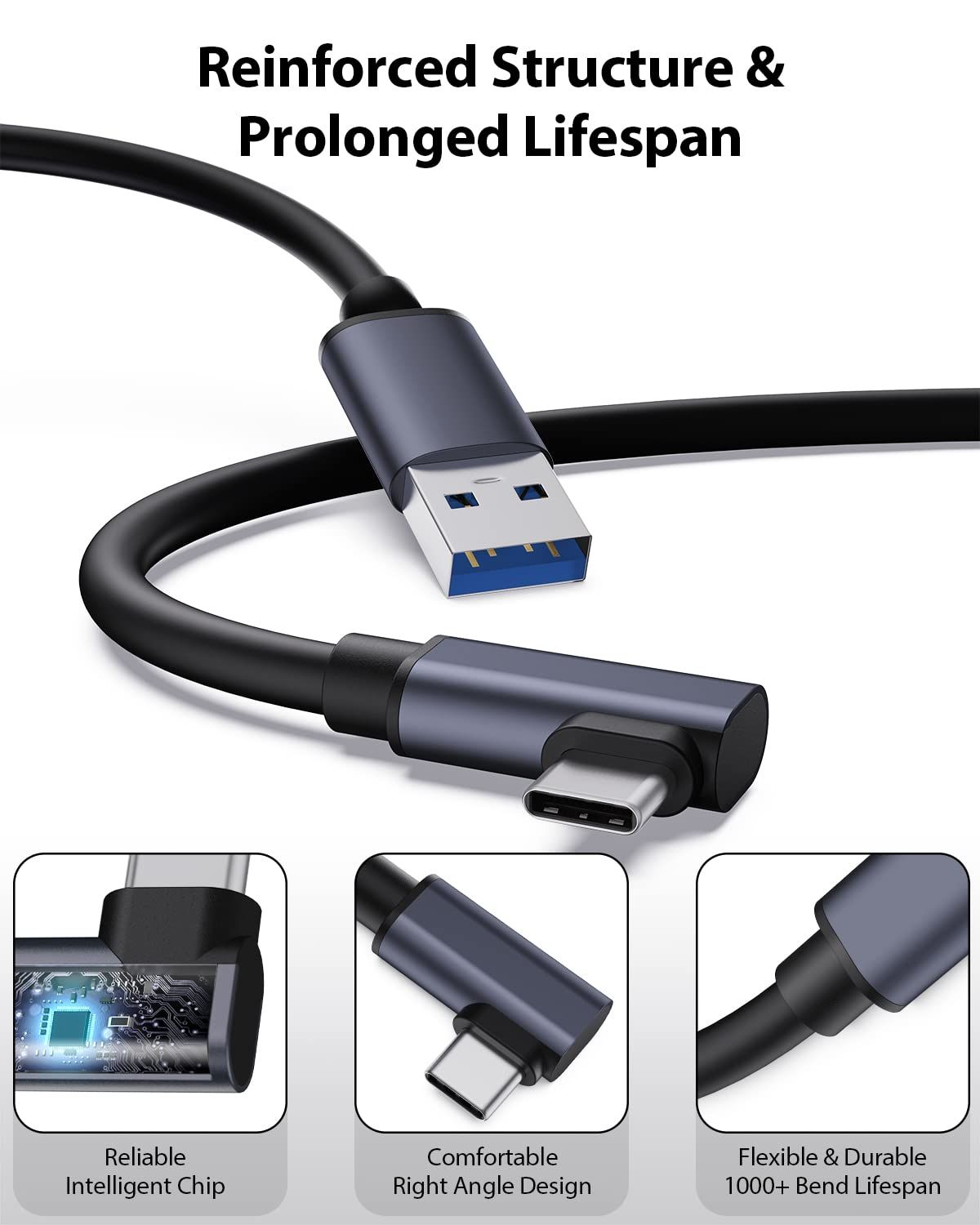 Amavasion リンクケーブル 16フィート / Quest 2/3/Pico 4アクセサリー対応 電源用個別充電ポート付き 高速USB 3.0 Type A to Cデータ転送 VR/ゲームPC用 ブラック [ブラック] [16FT]