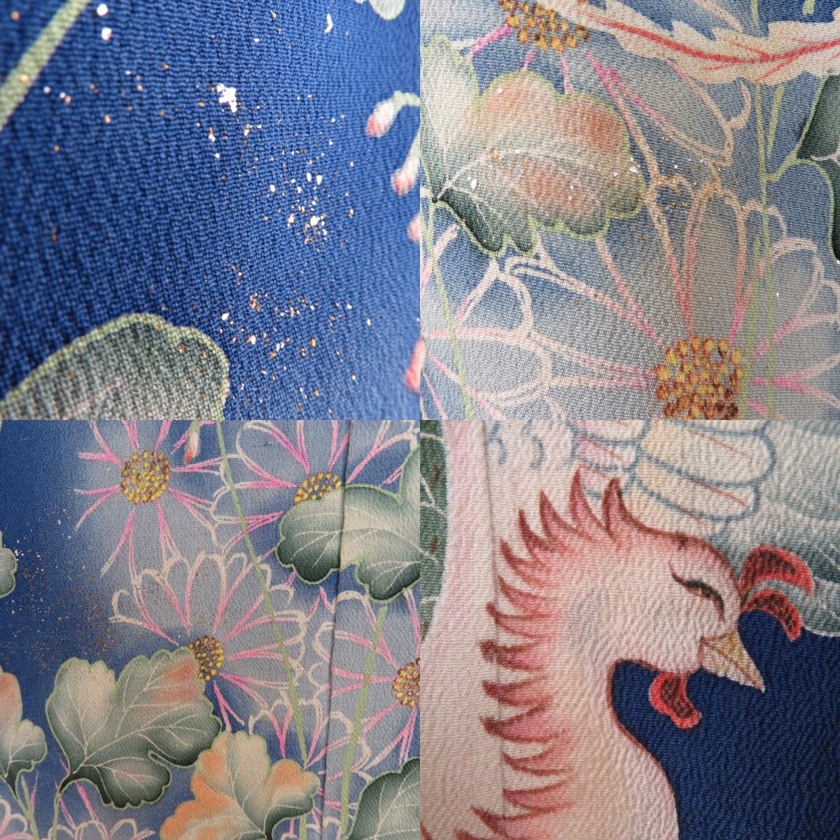 色留袖 アンティーク 昔きもの 袷 広衿 一つ紋 正絹 箔 鳳凰に花々 青色ｘ多色 仕立て上がり着物 レトロ 大正ロマン 身丈150cm 【キモノオフ野々市若松店】 色留袖 アンティーク 昔きもの 袷 広衿 一つ紋 正絹 箔 鳳凰に花々