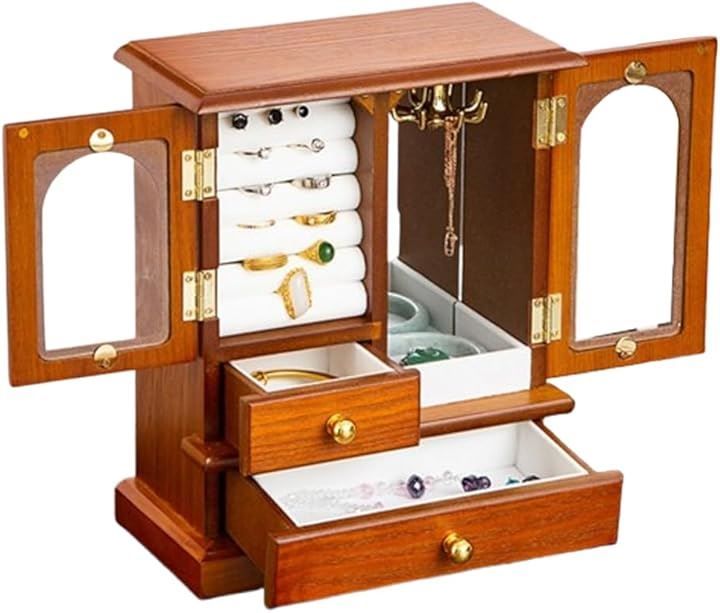 Asdays イヤリングバッグ ジュエリーボックス 木製 アクセサリーケース 鏡付き 21.5x26x11 cm(ブラウン，  画像参照)