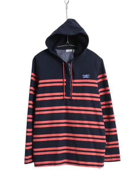 なクーポン配布中! エルエルビーン フード付き 長袖 Tシャツ レディース L 古着 LLBEAN パーカー ロンT ラガーシャツ タイプ プルオーバー ボーダー ツートン