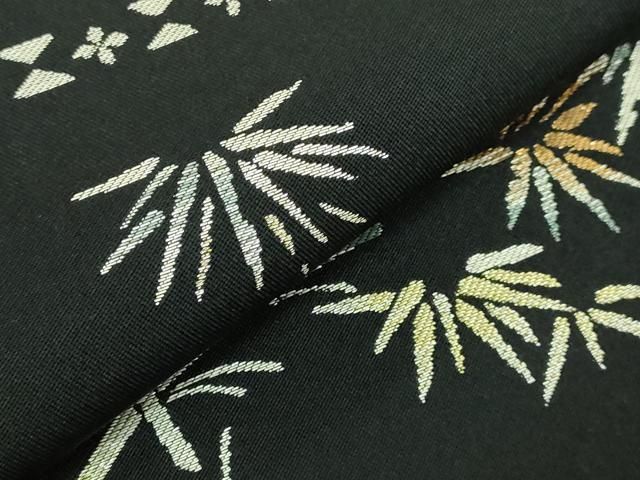 平和屋着物□極上 龍村晋謹製 全通柄袋帯 竹葉文錦 黒地 金銀糸 逸品