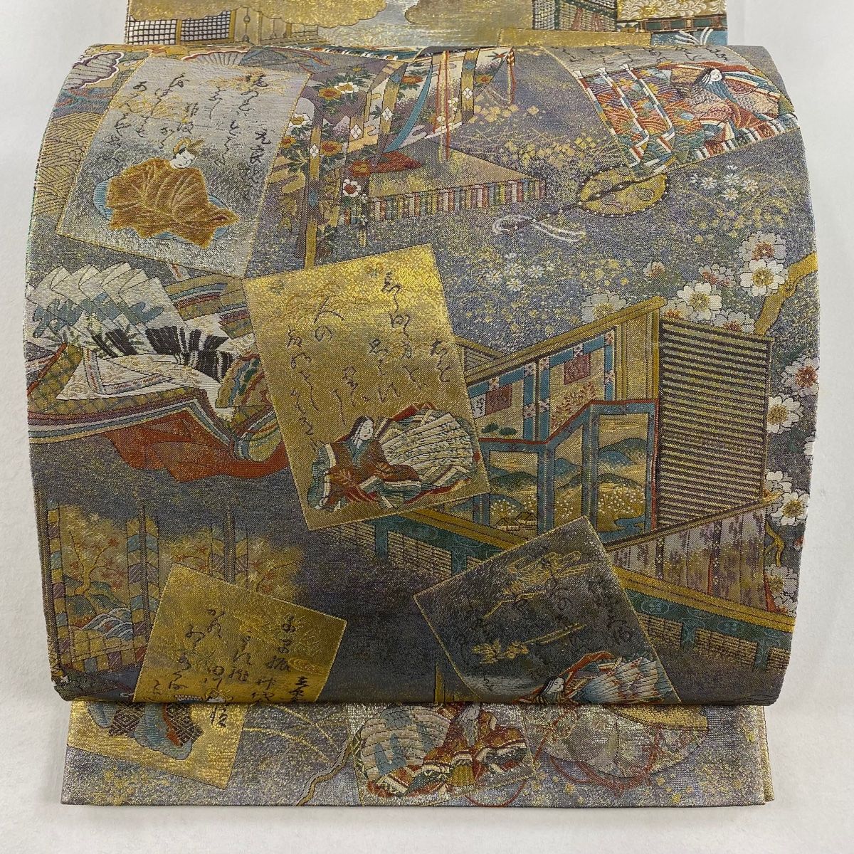 袋帯 名品 両面全通総絵図 二十四金箔プラチナ箔 小倉百人一首