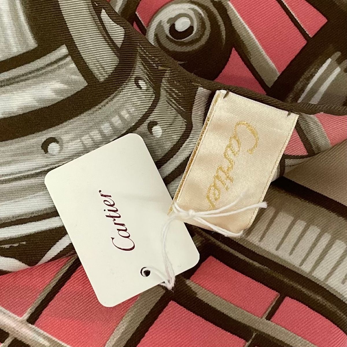 G983 美品 カルティエ イタリア製 シルク混 スカーフ ベージュ レディース 新品同様 Cartier カルティエ スカーフ ベージュ×ピンク シルク
