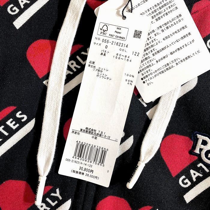 達成感 PEARLY GATES パーリーゲイツ ゴルフ コットン裏毛 スウェット トリコハート柄 フルジップ フーディ パーカー ジャケット ゴルフウェア レディース 055-2162314 定価3万 ブラック ホワイト レッド 0 ▲034 50214w06