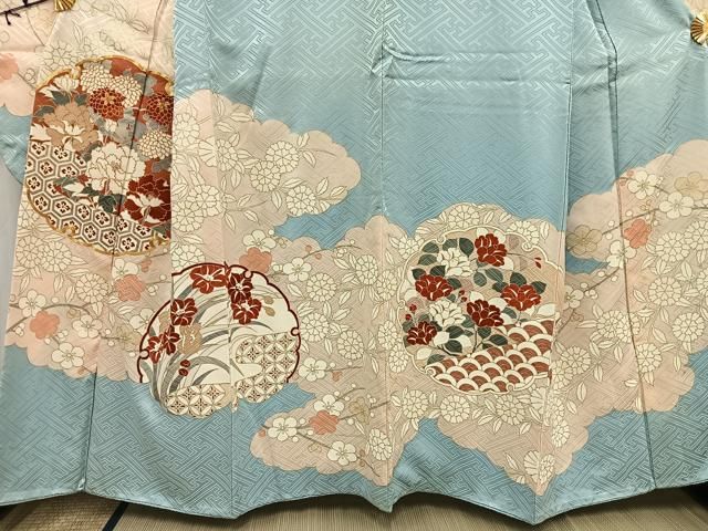 付下げ＊袷着物 金彩 雪輪に扇子と玉手箱模様 無紋 紺紫色 正絹 3SA1 ゆめsaku2 専用出品 新品 金彩友禅作家 和田光正 落款 京金彩