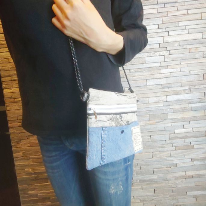 No.68 【リメイクデニム サコッシュ♪】木目調🎄🎄×デニムリメイク  