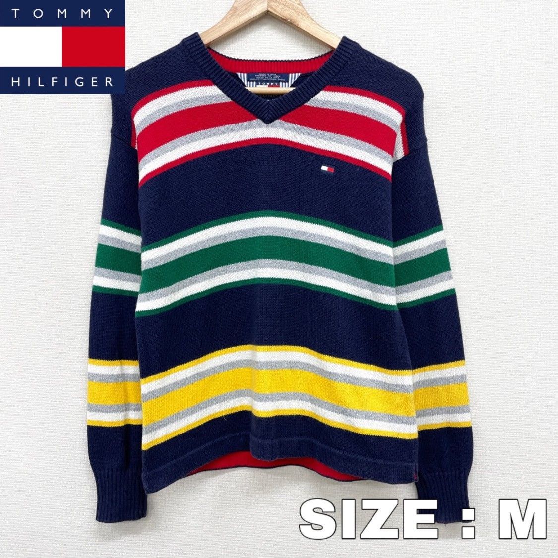 US古着 TOMMY HILFIGER コットン ニット セーター マルチボーダー柄 V