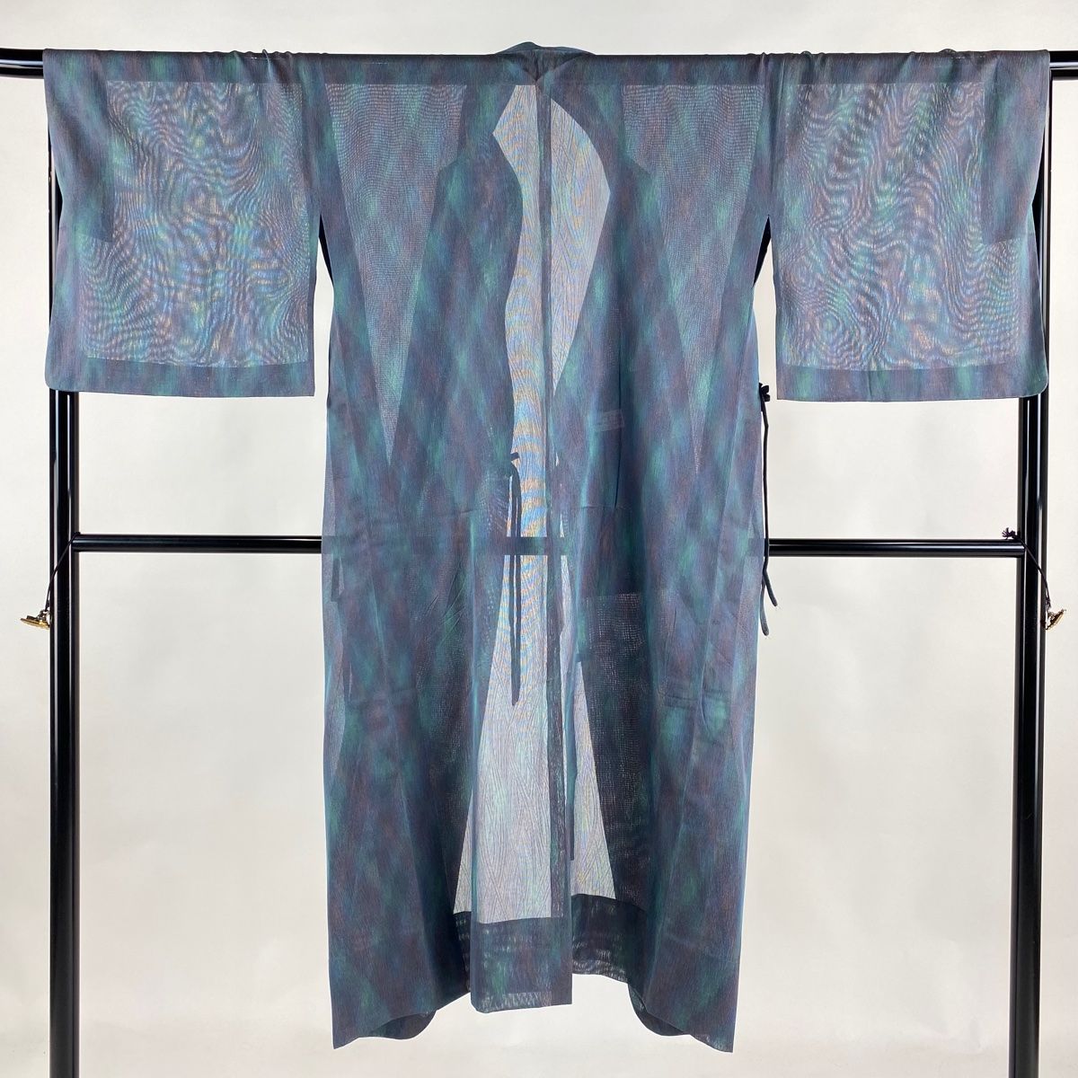 道中着 身丈128.5cm 裄丈68cm L 和装コート 着物衿 やまと 幾何学 緑 正絹