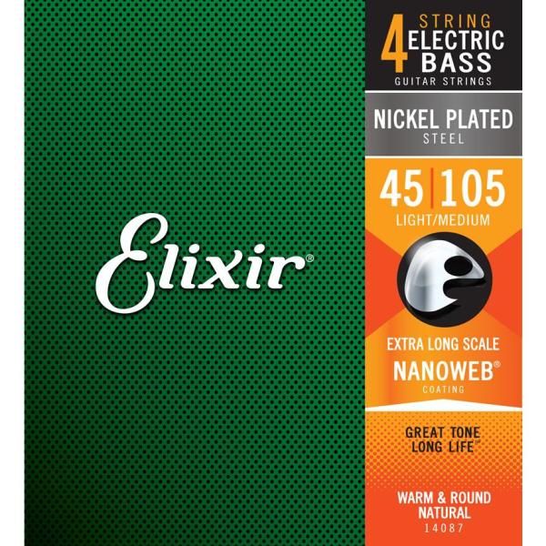 エレキベース弦 Elixir ベース弦 14087 NANOWEB 4弦 EXTRA LONG SCALE LIGHT|MEDIUM 45-105 NICKEL PLATED