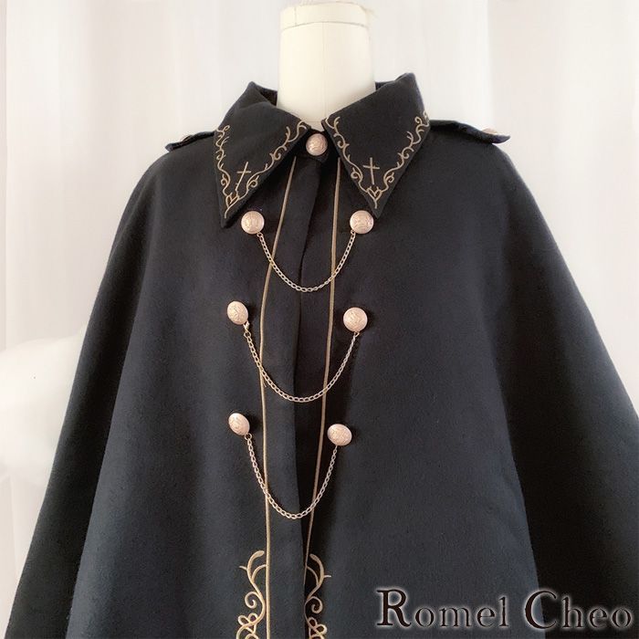 RomelCheo ダークナイト刺繍ケープコート マントコート
