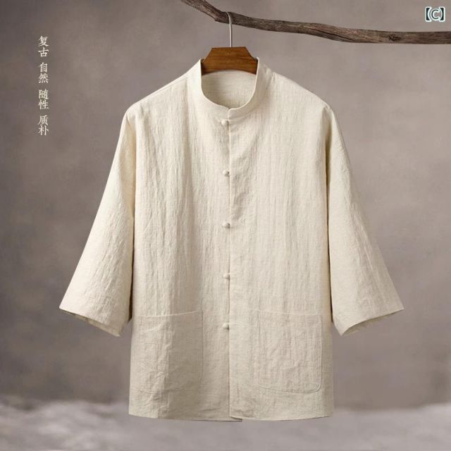 M 秋冬 コーデ メンズ 服 シンプル ファッション オシャレ 大人 かっこいい 大きいサイズ ストリート 紳士服 軽 通気 リネンシャツ 半袖 スタンド 七分袖 シャツ 綿 リネン トップス WWW_KARIMZIABAT_FR