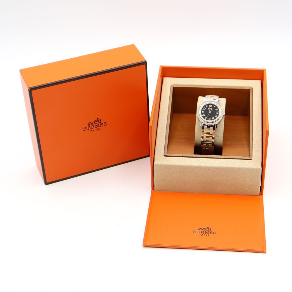 電池交換済 HERMES エルメス クリッパー CL4 220 デイト 黒 ブラック