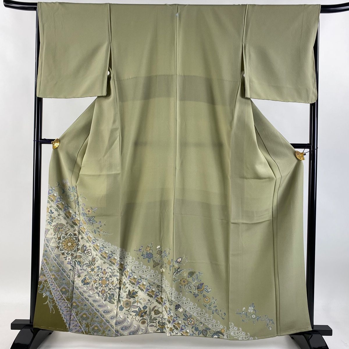 色留袖 身丈160cm 裄丈68cm L 袷 華文 花唐草 刺繍 金彩 灰緑 正絹 秀品 一つ紋