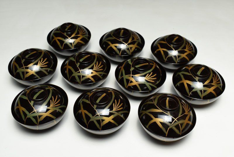 蔵C9644 木製内朱塗 蒔絵草花文 吸物椀 汁椀 十客