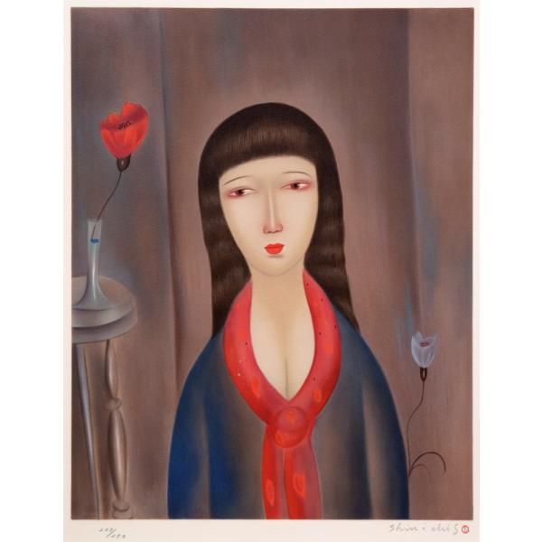 斎藤真一「衣を持つ女」リトグラフ 額装 絵画 アート 斎藤 真一「赤いスカーフの女」リトグラフ・限定品 盲目の旅芸人「瞽女