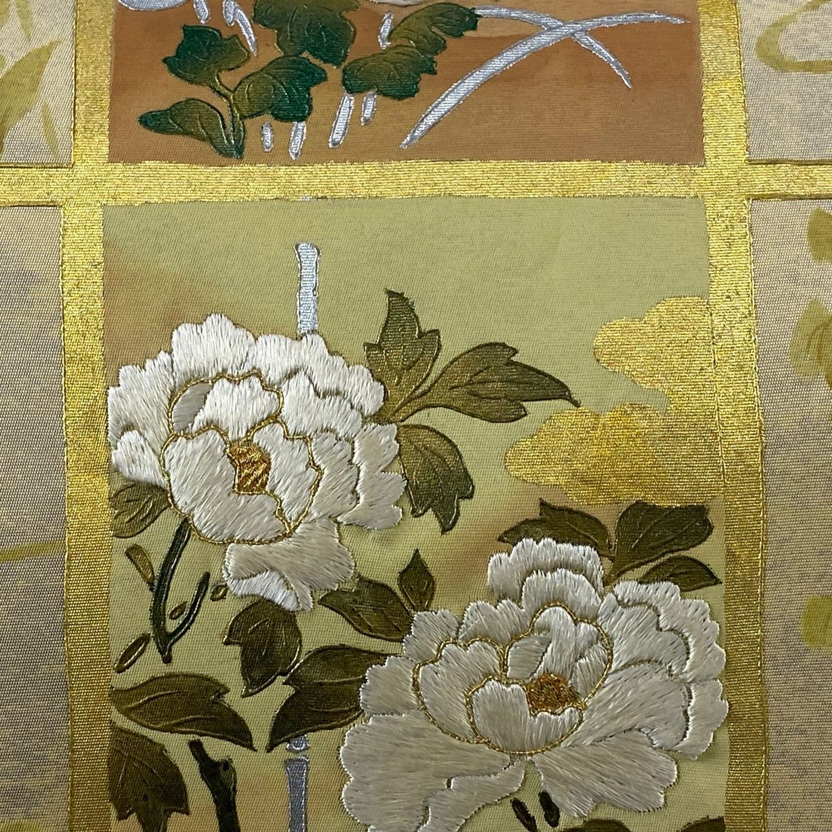工芸的 刺し子 刺繍 袋帯 金彩 銀箔 正絹 お太鼓柄 Q923 【公式通販】