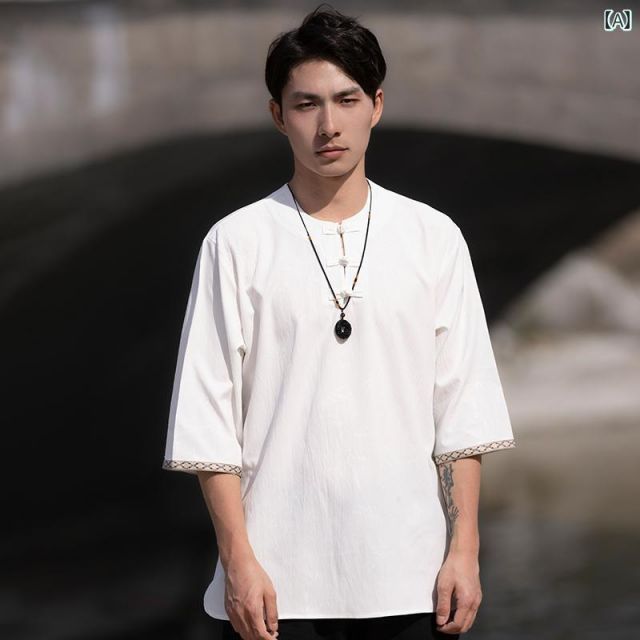 4XL メンズ ファッション 服 男性用 オシャレ シンプル 大人 かっこいい 大きいサイズ ストリート 紳士服 T シャツ チュニックシャツ 半袖 カンフー 唐 スーツ プレート バックル カジュアル 薄手 夏