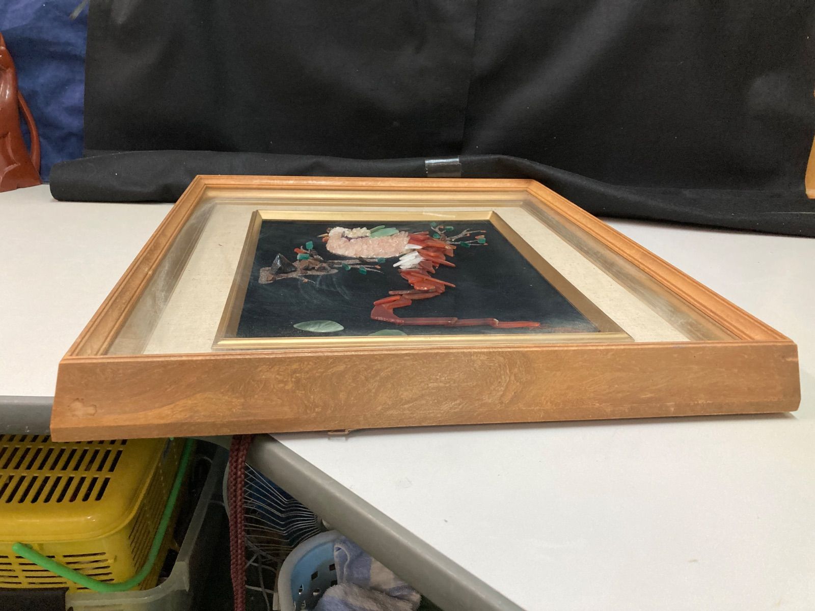 アンティーク】額装 額縁 宝石画 原石 鑑賞石 花瓶 花 絵画