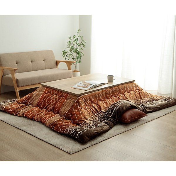 こたつ布団 長方形 幾何 ふかふか 国産 撥水 抗菌防臭 防ダニ フランネル 手洗い オレンジ 約205×245cm 代引不可