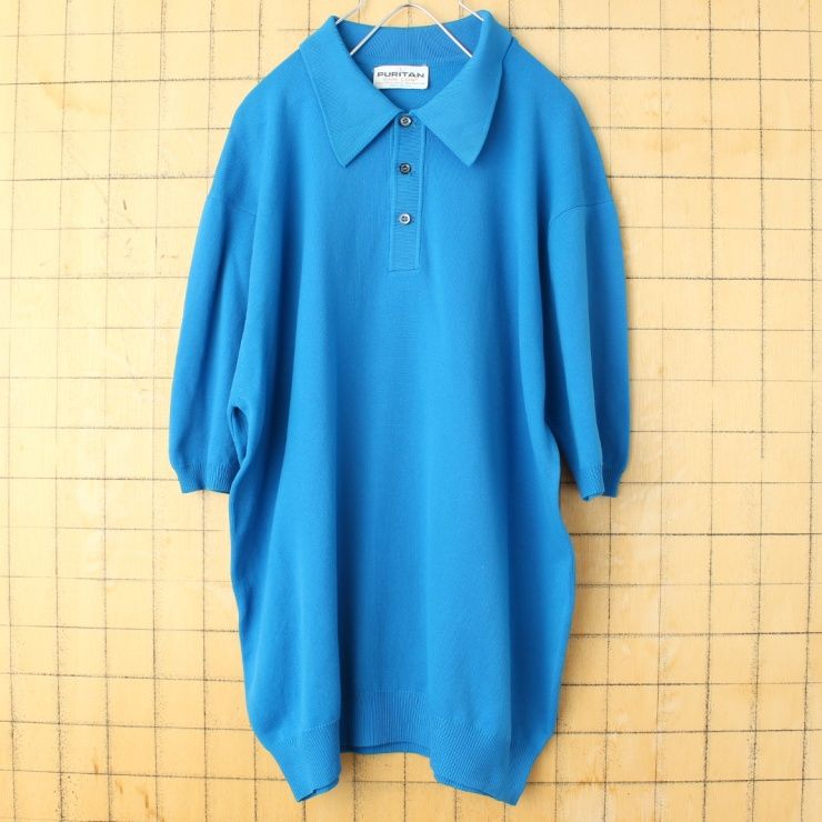 60s 70s USA製 PURITAN Ban-Lon バンロン ポロシャツ メンズL ブルー 