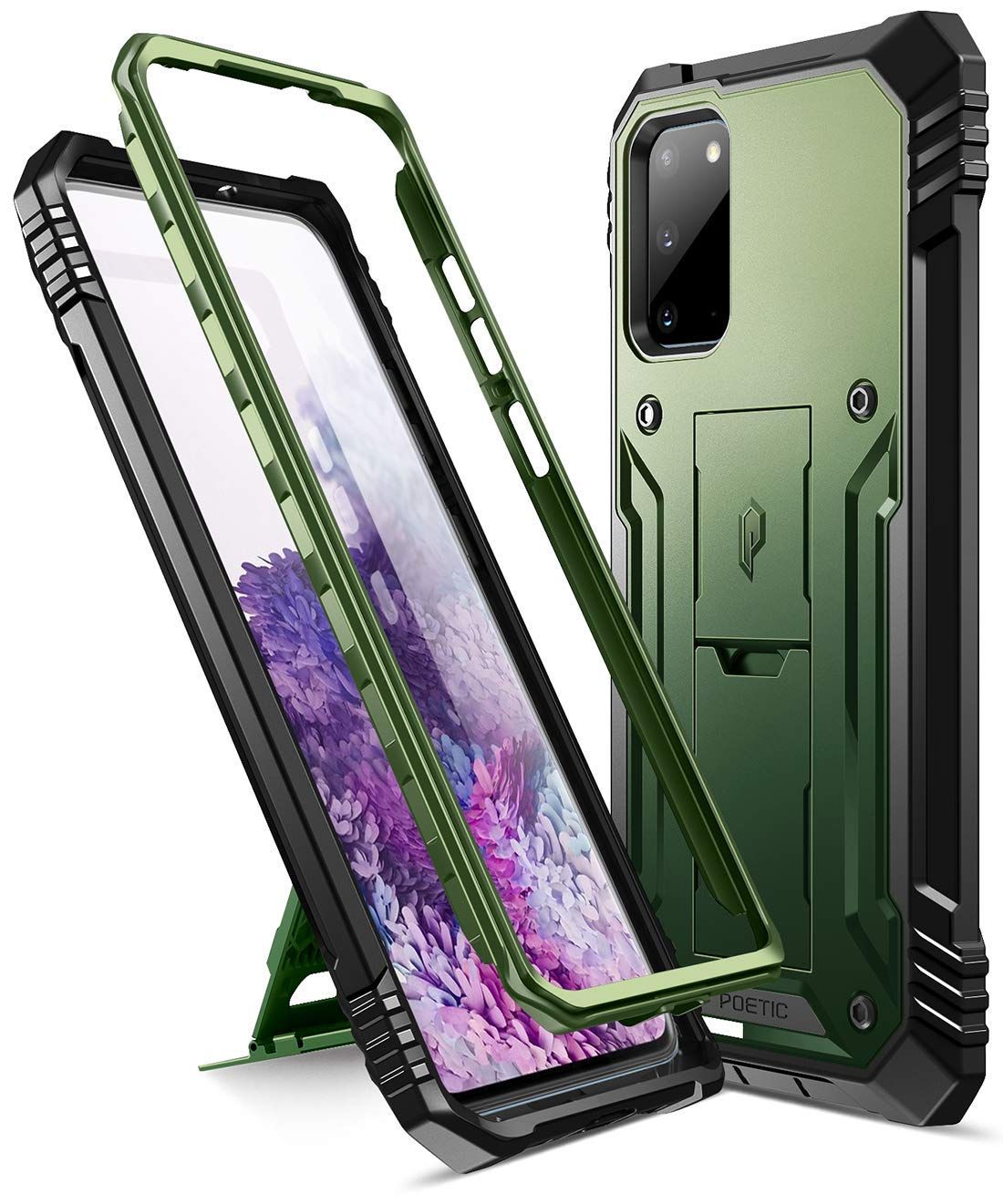 Galaxy S20 ケース、ギャラクシーs20 専用 スマホケース2020 耐衝撃、スタンド付、サムソン 携帯電話ケース、防塵、Poetic Samsung Galaxy 2020 Revolution Case、メタリックグリーン 