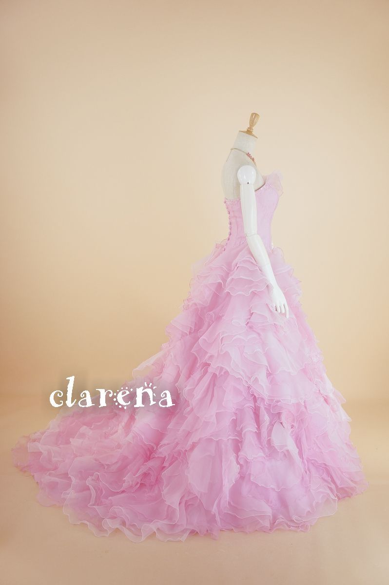 ネックレスイヤリング付ピンクのフリルと煌めき カラードレス7号  