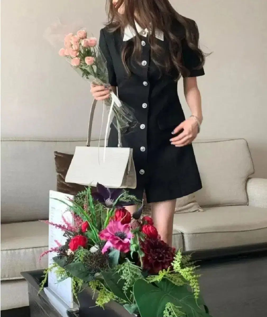 ブラック ツイード バイカラーKARA パールボタン ミニワンピース S