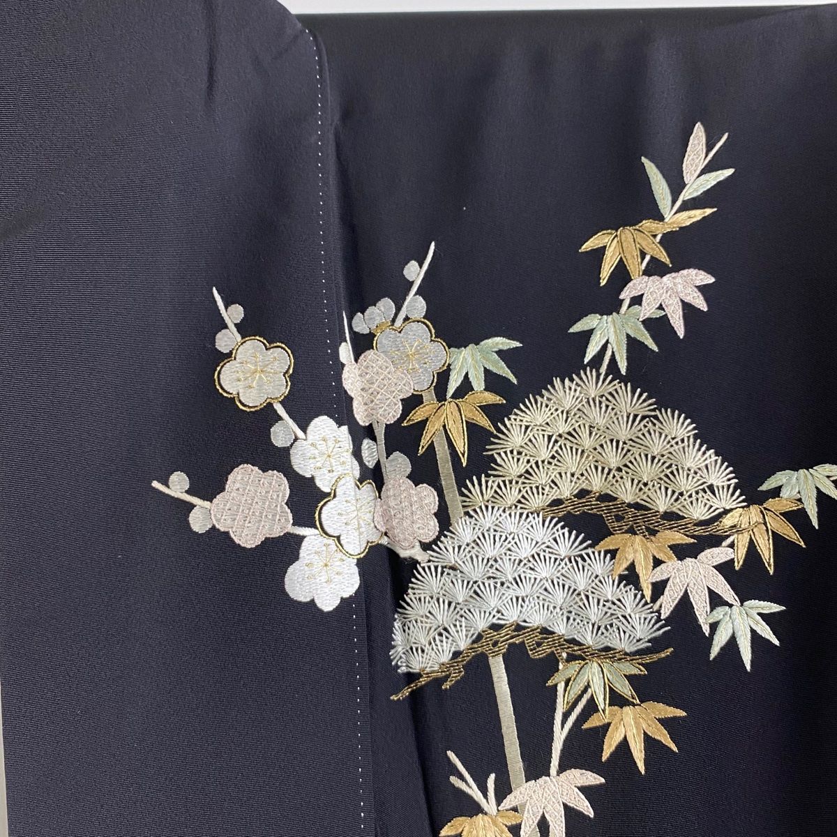 訪問着 身丈169cm 裄丈69cm L 袷 松竹梅 刺繍 金糸 黒 正絹 逸品