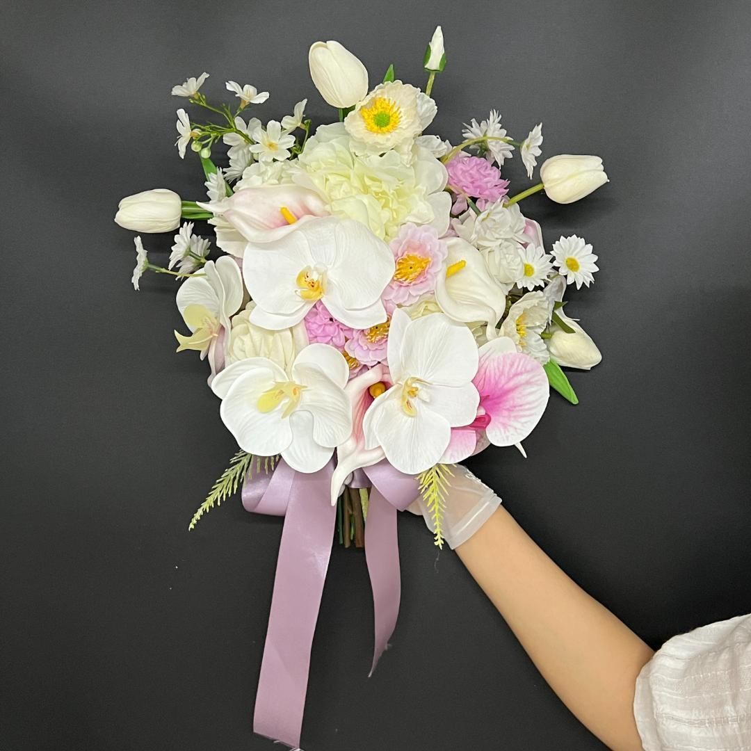 3点セット サーモンピンクフラワーブーケ F19 造花ブーケ ウェディング  