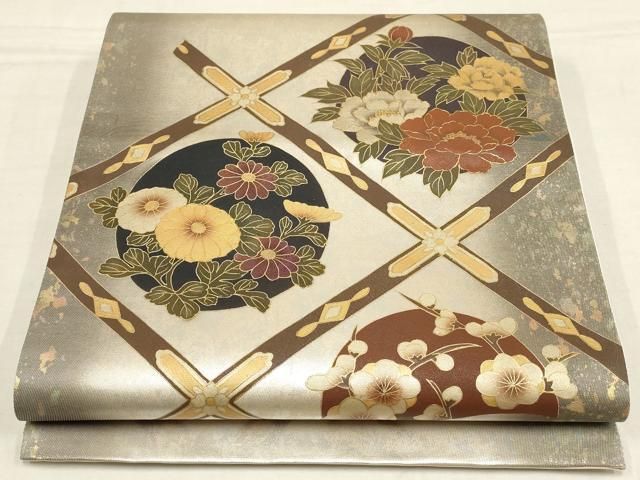 平和屋着物○アンティーク 大正ロマン 太鼓柄京袋帯 飛鶴枝花文 黒地