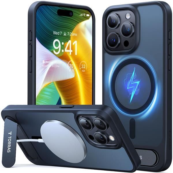 iPhone 15 Pro Max用_ブラック 【Magsafeしてもスタンド】 TORRAS iPhone 15 Pro Max 用 ケース iOS17スタンバイ対応 隠しスタンド マグネット搭載 半透明 マット仕上げ 指紋なし 黄変なし 細部保護 UPRO