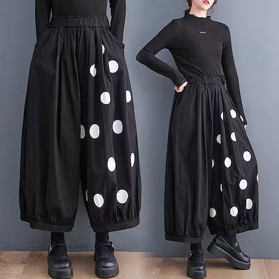 モード系　ブラック ドット ステッチ ドット 水玉 ワイドレッグ クロップド 個性的なデザイン パンツ 個性的なデザイン ガチョウパンツ 大きいサイズ ゆったりパンツ