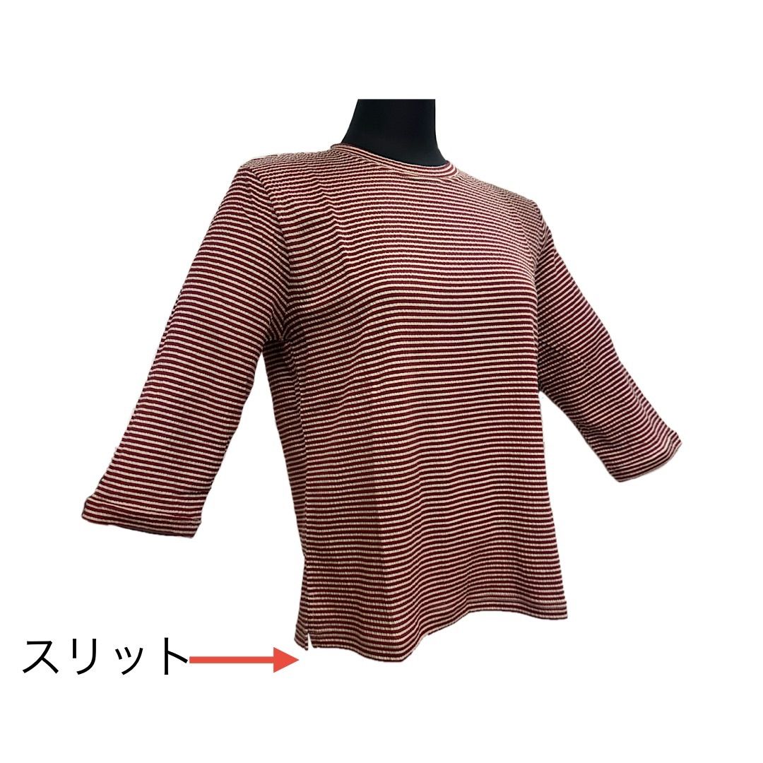 レディース ボーダー 七分袖 丸首Tシャツ ストレッチ素材 赤
