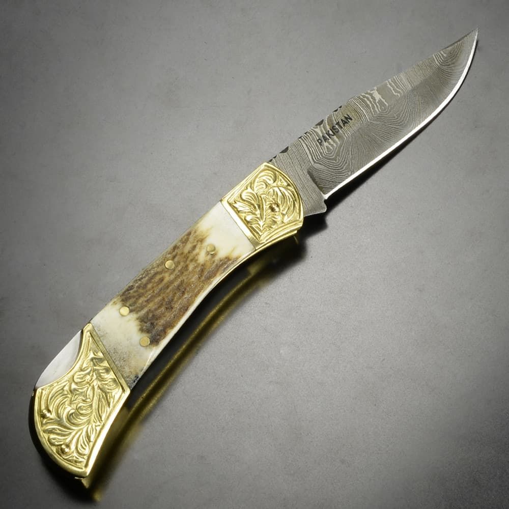Damascus 折りたたみナイフ 鹿角 ダマスカスブレード 彫刻入り
