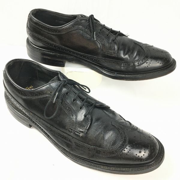 試着交換OK！80s?USA Vintage　キャッツポゥ社ヒール　ロングウイングチップ　JTフットインソール〈黒/BLACK/ブラック〉　サイズ10D　管NO.WZG-81 試着交換OK！80s?USA Vintage キャッツポゥ社ヒール ロングウイング