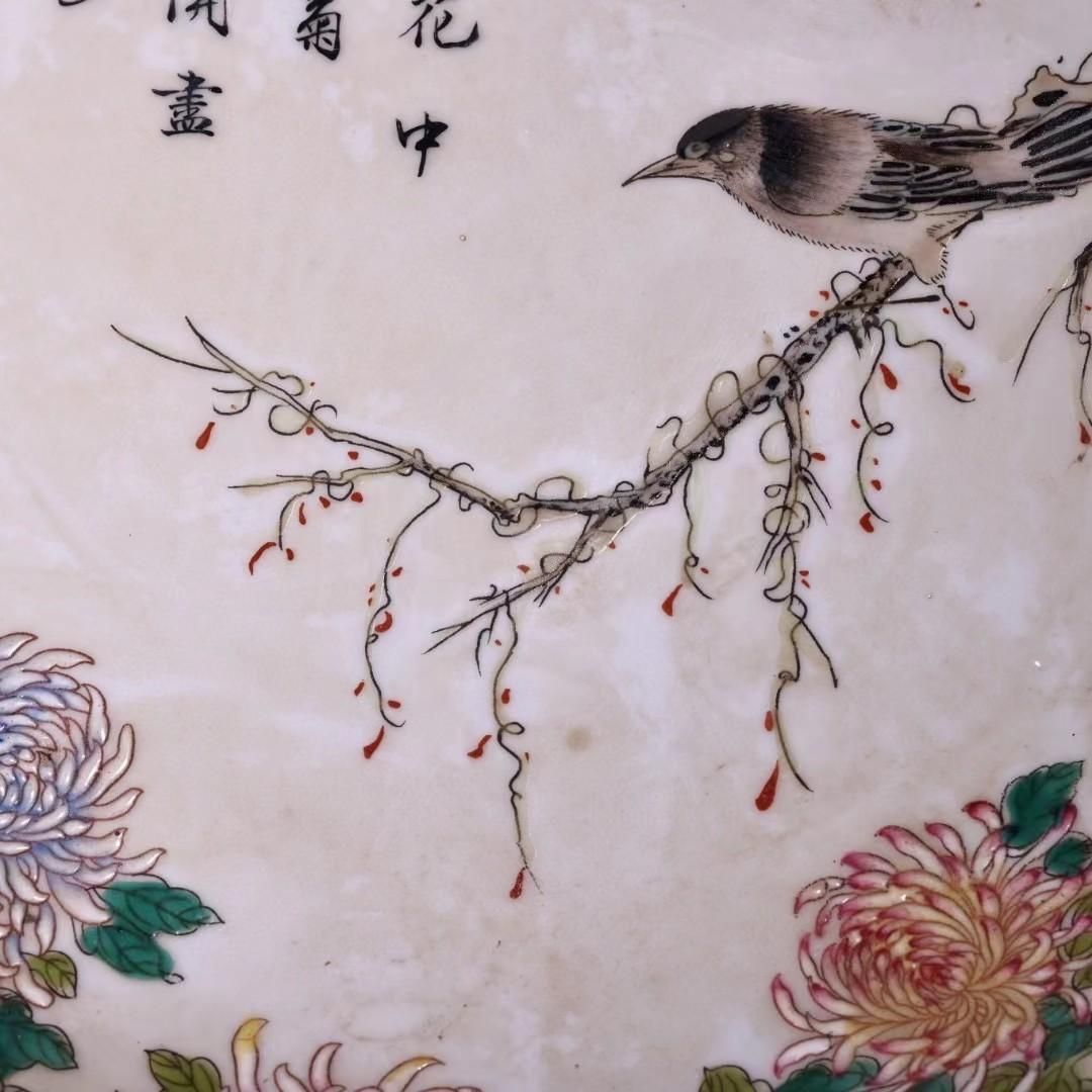 中国古美術・珍蔵粉彩・花鳥絵磁器の中皿・純手描き・刺繍箱付・置物