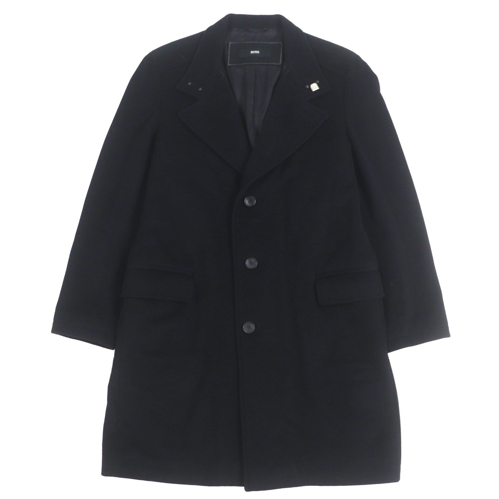HUGO BOSS ヒューゴボス ウール70% カシミヤ混 ロゴ入りボタン シングル チェスターコート ブラック 48 ポーランド製 正規品 メンズ
