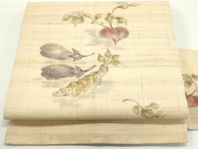 平和屋着物○九寸名古屋帯 手描き 生紬 成り物 鳥の子色 逸品