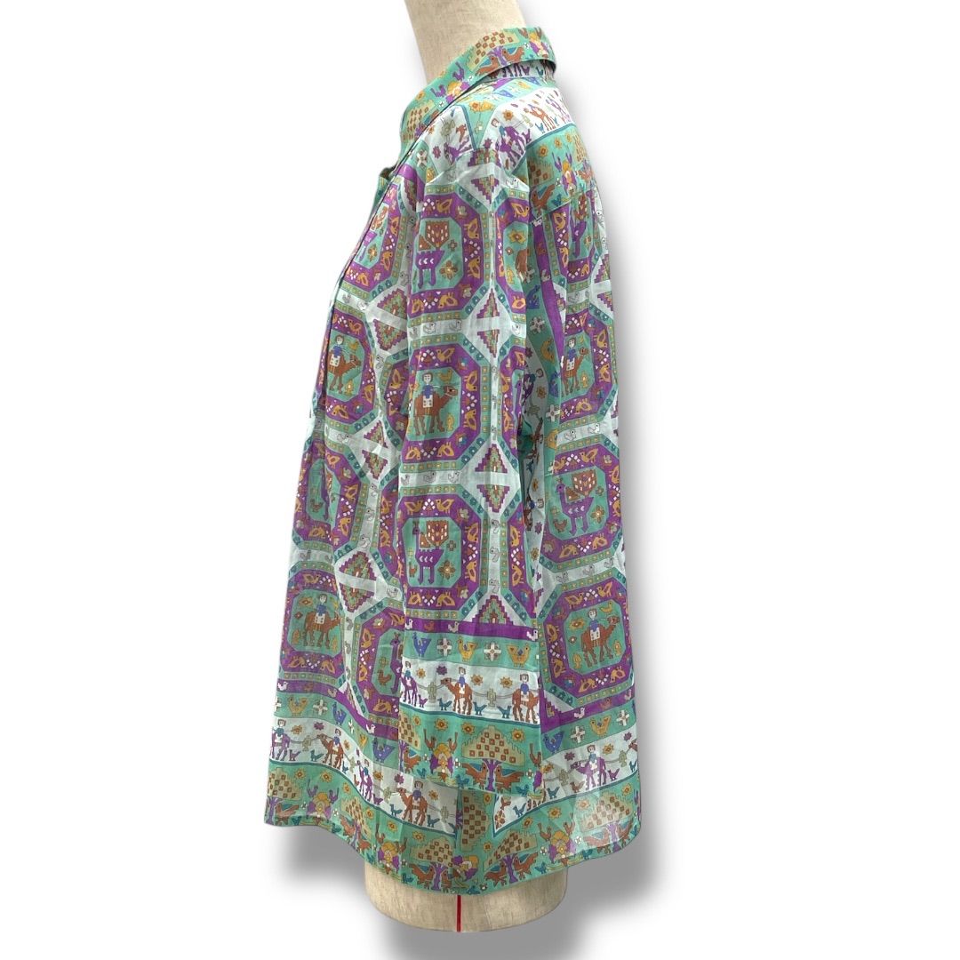 Silk Road Club シルクロードクラブ 総柄 ブラウス シャツ 七分袖 トップス シアー 透け感 アニマル 丸襟 緑 紫 グリーン パープル レディース 春 秋 ゴーゴー古着マルイファミリー溝口店 No.1275久