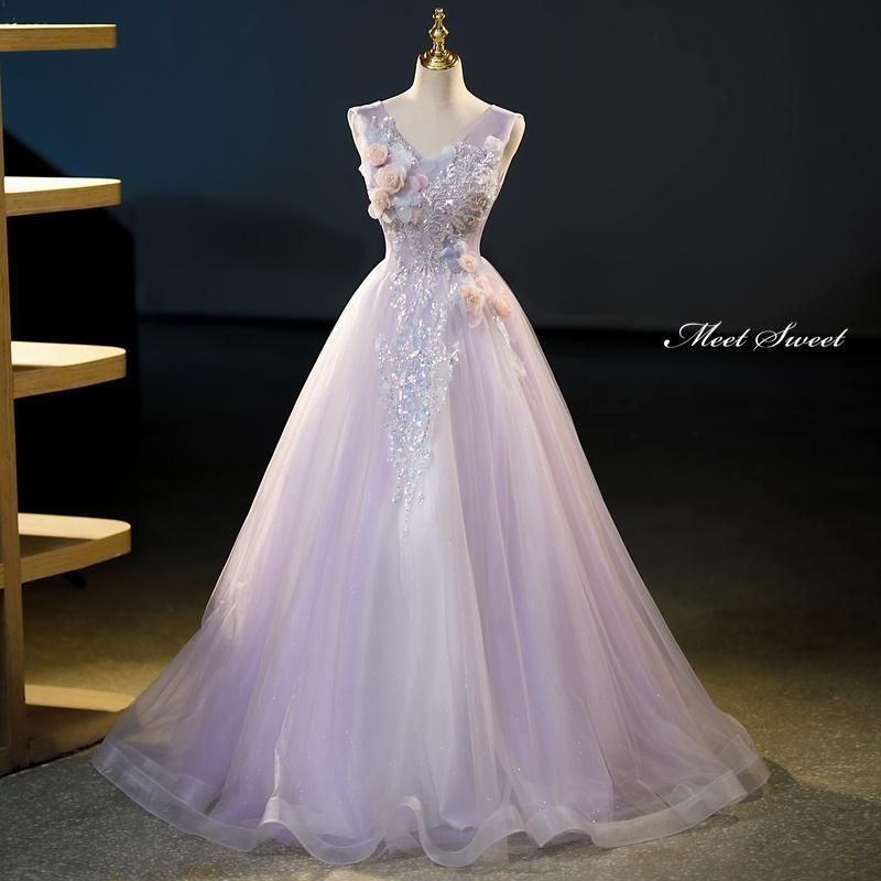 ドレス プリンセスライン パープル 紫 袖なし ビーズ 花 ロングドレス ウェディングドレス 結婚式