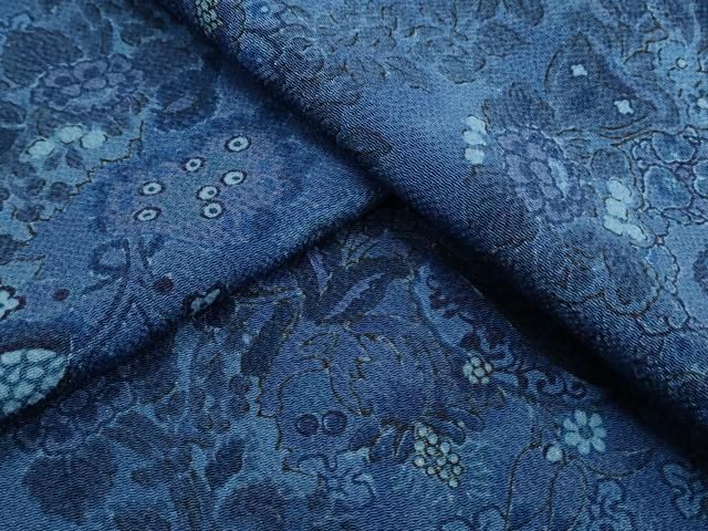 平和屋着物○上質な小紋 藍 型染め 流水器文 鬼しぼ縮緬