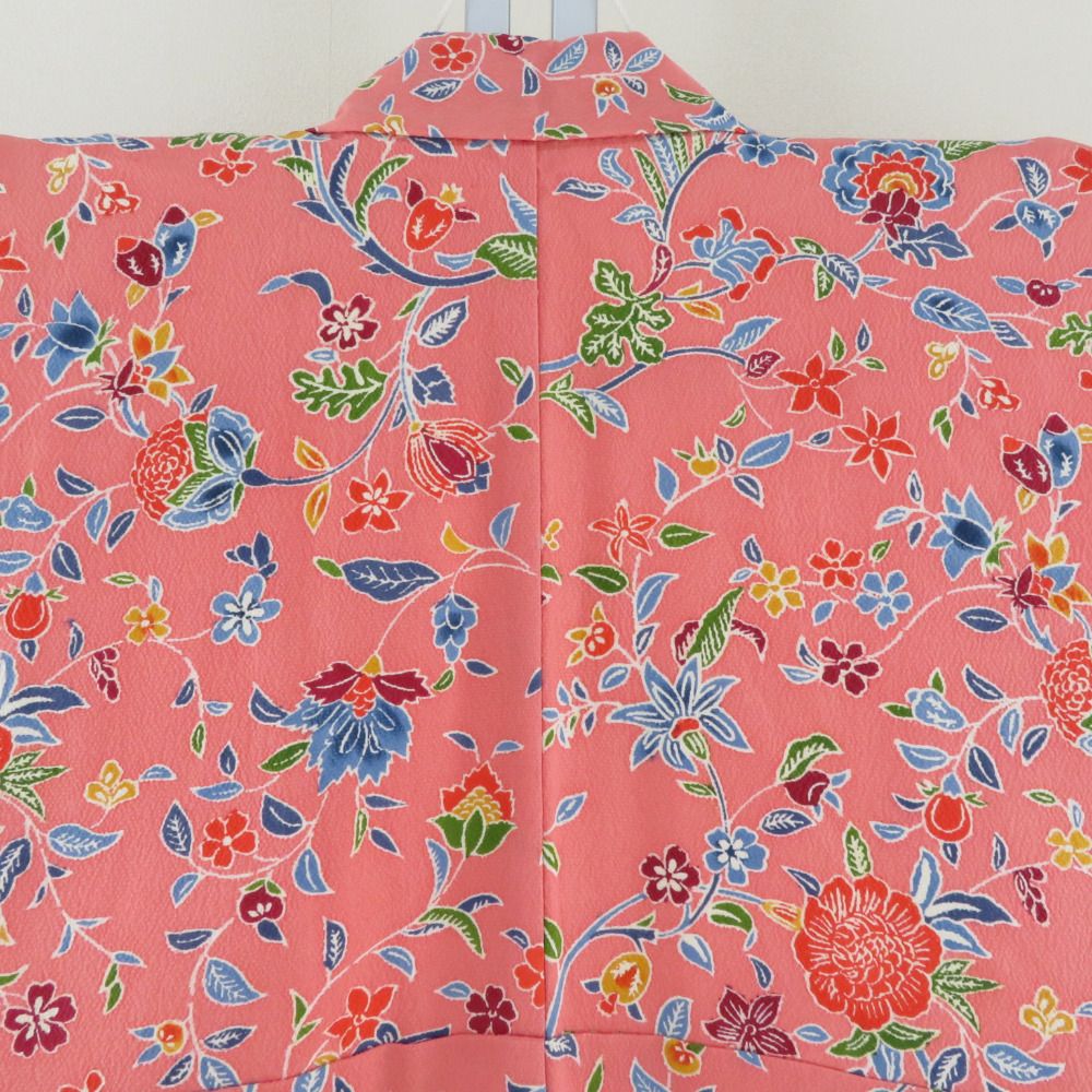 小紋 袷 草花模様 サーモンピンクx青色x多色 型染め 正絹 バチ衿