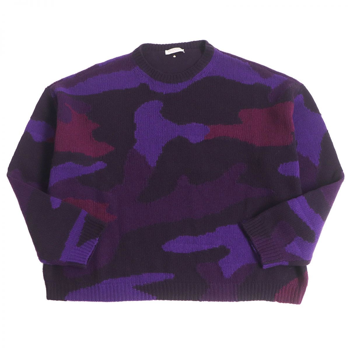 極美品22AW VALENTINO/ヴァレンティノ カモフラ柄 ロックスタッズ バージンウール クロップド 長袖ニット/セーター 紫系 XL 伊製 正規
